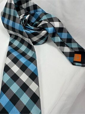 0741 EGARA BLUE, BLACK AND SILVER CHECK SILK TIE